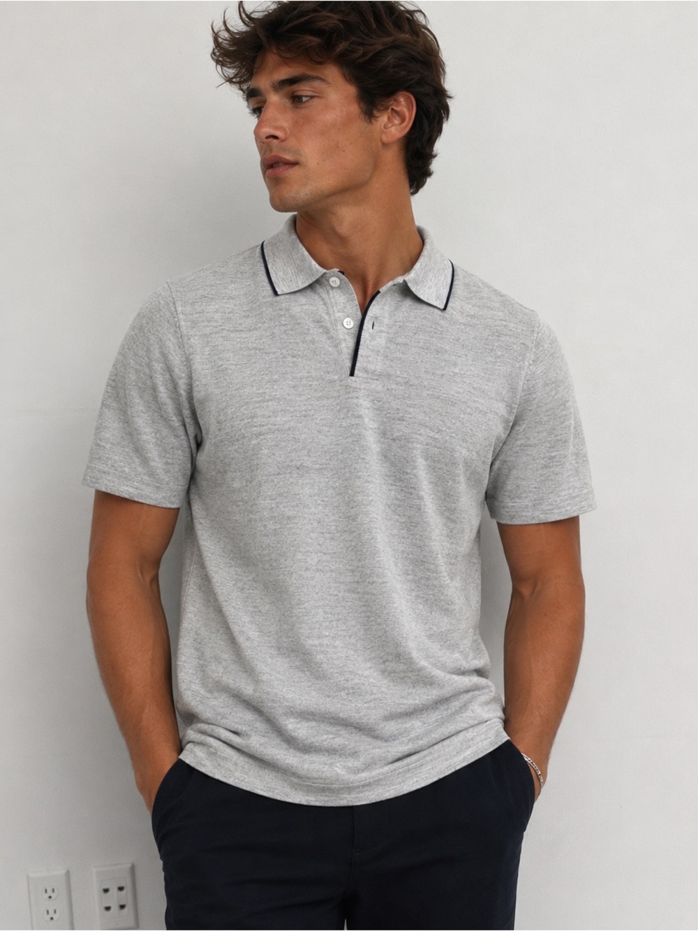 PATRICK ASSARAF MEN'S SHORT SLEEVE LIGHT GRAY MEDIUM KNIT POLO